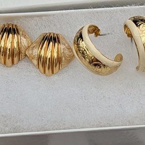 1970s Earrings Cream and Gold Enamel Art are for Pierced Post Gold plated Cute